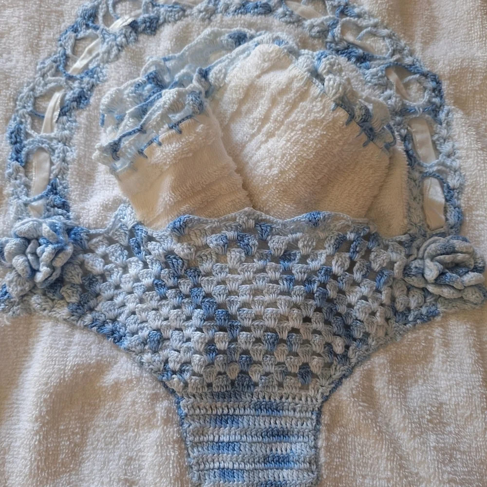 Hand Crafted Cream Bath Towel with Blue Crochet Basket Accent